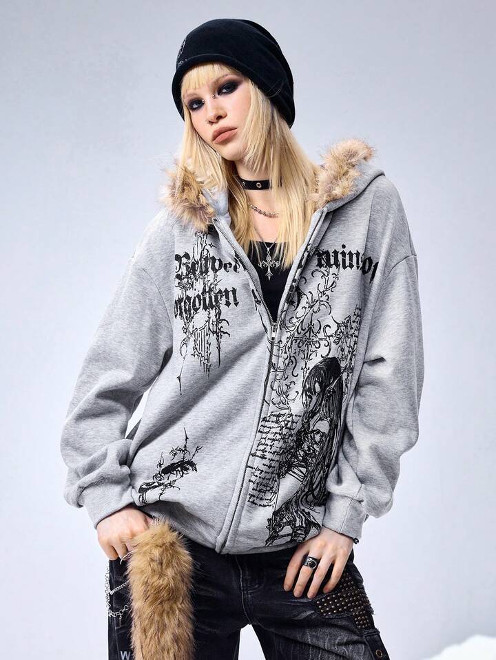 EDITION Y3K Cyber Sigilism Print Patchwork Faux Fur Collar Loose Fit Sweatshirt For Women 6 EDITION Y3K Cyber Sigilism Print Patchwork Faux Fur Collar Loose Fit Sweatshirt For Women
