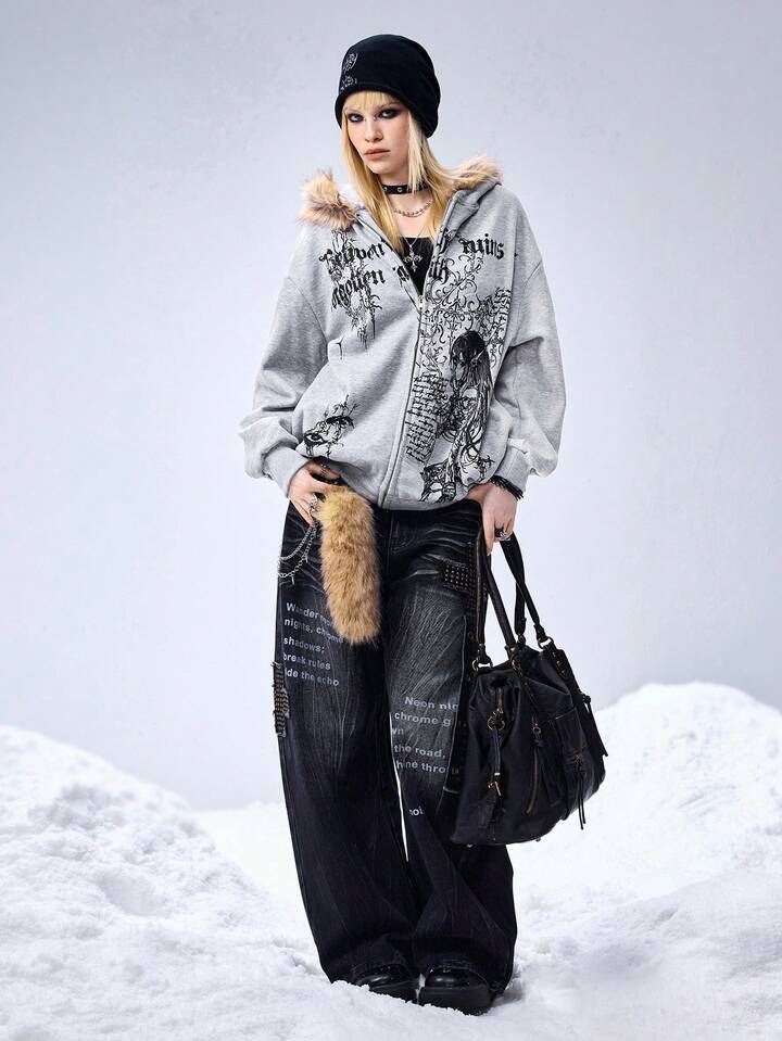 EDITION Y3K Cyber Sigilism Print Patchwork Faux Fur Collar Loose Fit Sweatshirt For Women 7 EDITION Y3K Cyber Sigilism Print Patchwork Faux Fur Collar Loose Fit Sweatshirt For Women