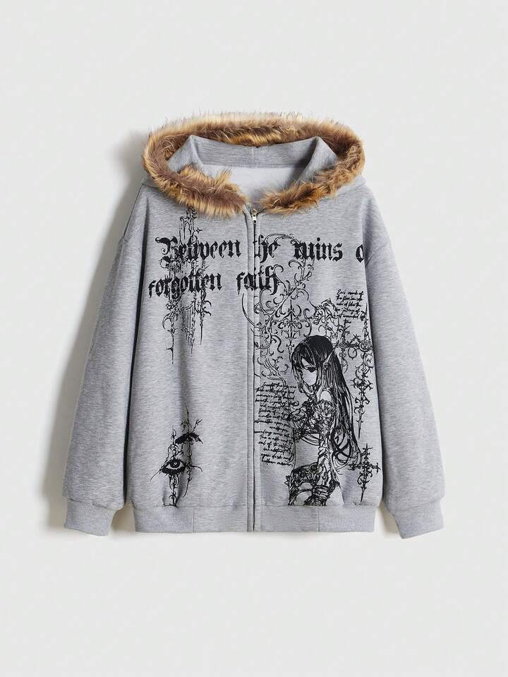 EDITION Y3K Cyber Sigilism Print Patchwork Faux Fur Collar Loose Fit Sweatshirt For Women 8 EDITION Y3K Cyber Sigilism Print Patchwork Faux Fur Collar Loose Fit Sweatshirt For Women