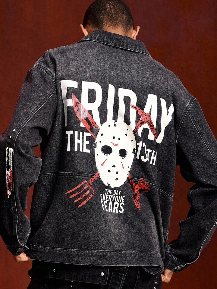 Friday the 13th X ROMWE Men's Letter & Mask Graphic Casual Long Sleeve Denim Shirt