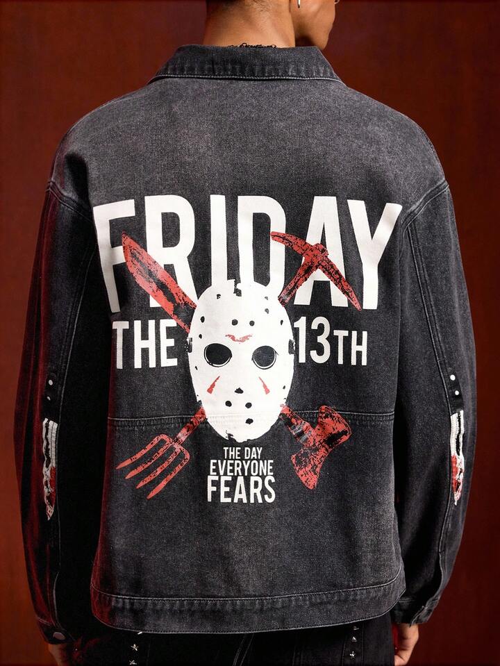 Friday the 13th X ROMWE Men's Letter & Mask Graphic Casual Long Sleeve Denim Shirt 2 Friday the 13th X ROMWE Men's Letter & Mask Graphic Casual Long Sleeve Denim Shirt