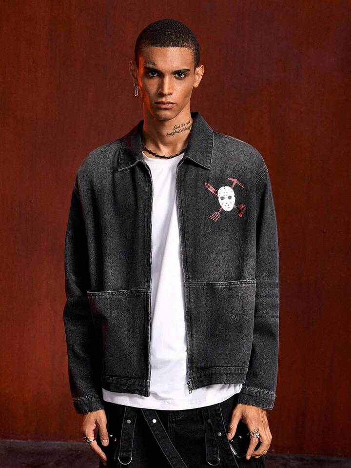 Friday the 13th X ROMWE Men's Letter & Mask Graphic Casual Long Sleeve Denim Shirt 3 Friday the 13th X ROMWE Men's Letter & Mask Graphic Casual Long Sleeve Denim Shirt