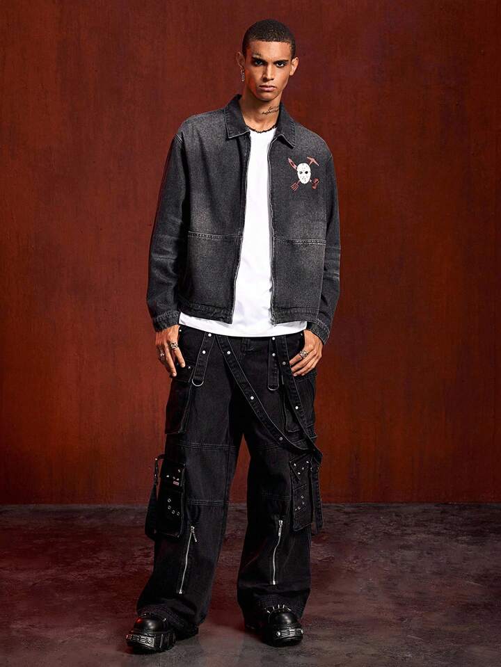 Friday the 13th X ROMWE Men's Letter & Mask Graphic Casual Long Sleeve Denim Shirt 4 Friday the 13th X ROMWE Men's Letter & Mask Graphic Casual Long Sleeve Denim Shirt