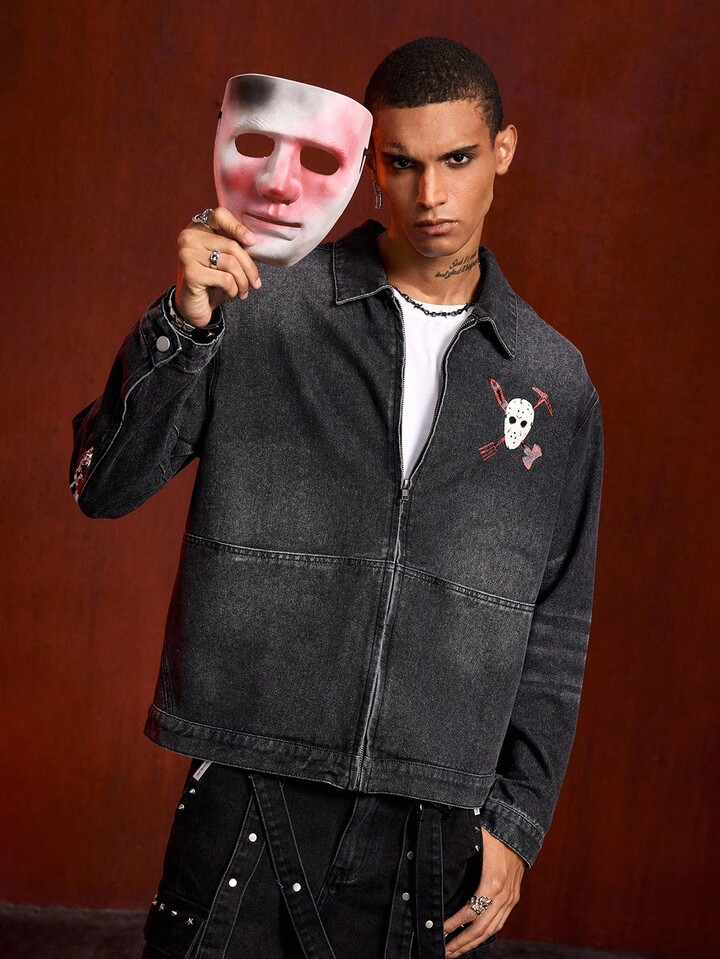Friday the 13th X ROMWE Men's Letter & Mask Graphic Casual Long Sleeve Denim Shirt 5 Friday the 13th X ROMWE Men's Letter & Mask Graphic Casual Long Sleeve Denim Shirt