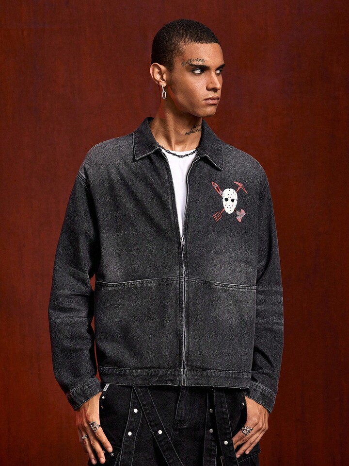 Friday the 13th X ROMWE Men's Letter & Mask Graphic Casual Long Sleeve Denim Shirt 6 Friday the 13th X ROMWE Men's Letter & Mask Graphic Casual Long Sleeve Denim Shirt