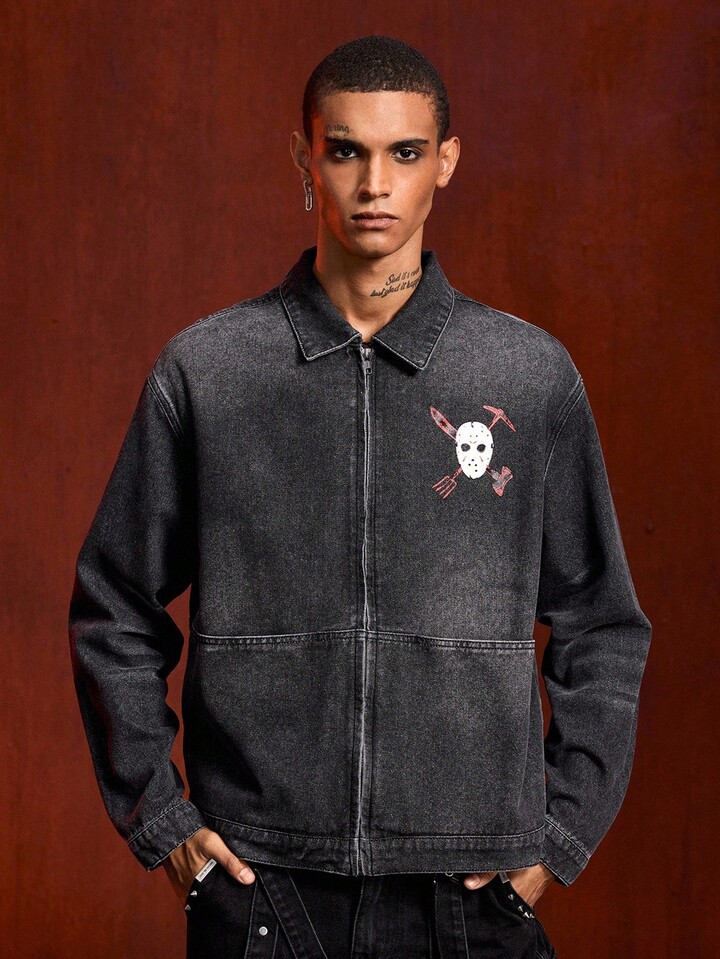 Friday the 13th X ROMWE Men's Letter & Mask Graphic Casual Long Sleeve Denim Shirt 7 Friday the 13th X ROMWE Men's Letter & Mask Graphic Casual Long Sleeve Denim Shirt