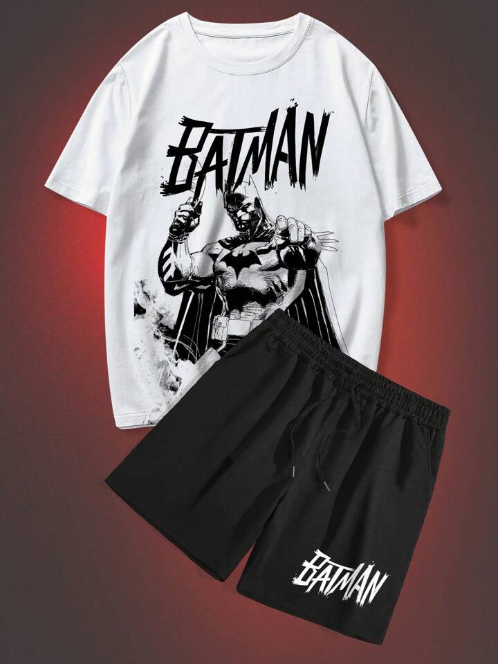 Batman X ROMWE Men's Cartoon Printed Round Neck T-Shirt And Shorts Two-Piece Set, School