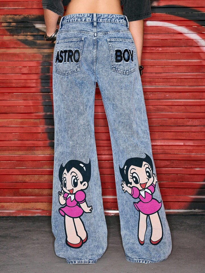 Astro Boy X ROMWE Women's Casual Cartoon Pattern Distressed Wide Leg Jeans