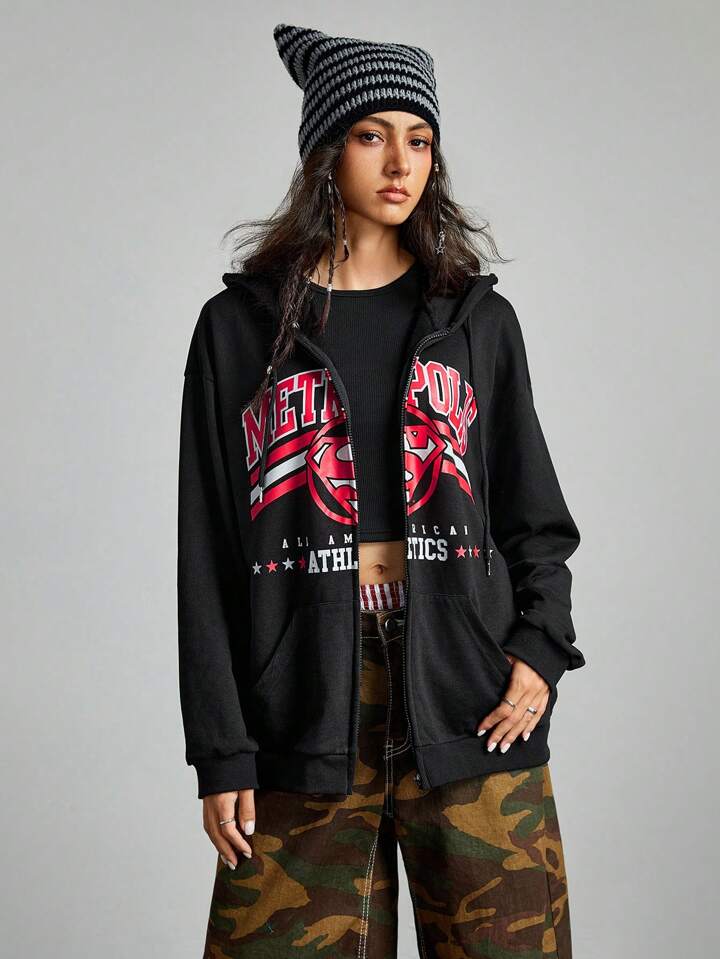 SUPERMAN X ROMWE Women Letter And Logo Print Zip-Up Drawstring Hooded Loose Long Sweatshirt, Spring & Autumn