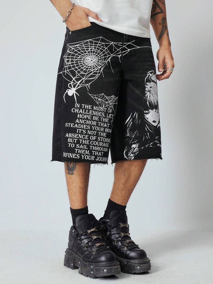 Anime Men's Casual Loose Fit Cartoon Print Pocket Jeans, Everyday Wear