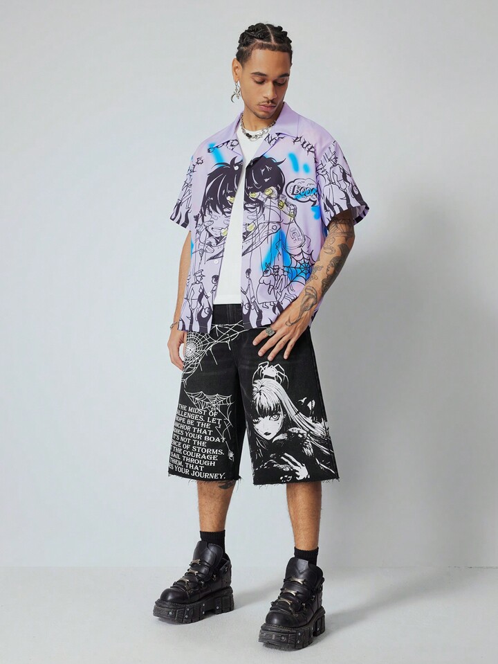 Anime Men's Casual Loose Fit Cartoon Print Pocket Jeans, Everyday Wear