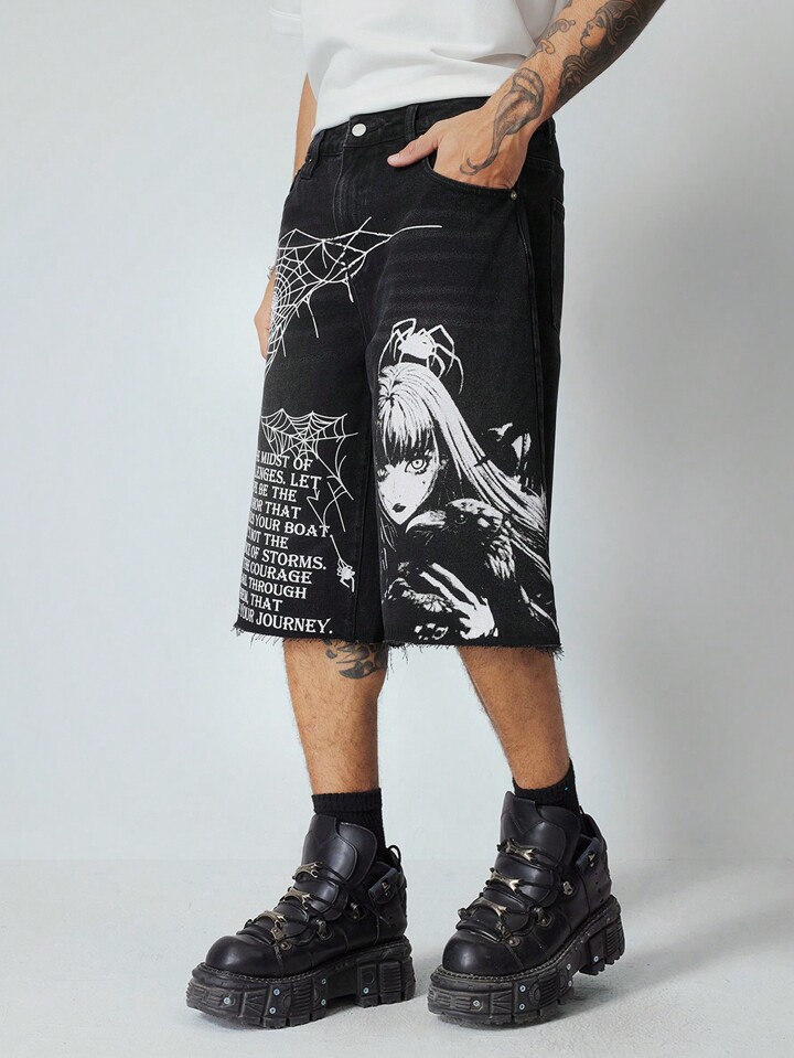 Anime Men's Casual Loose Fit Cartoon Print Pocket Jeans, Everyday Wear