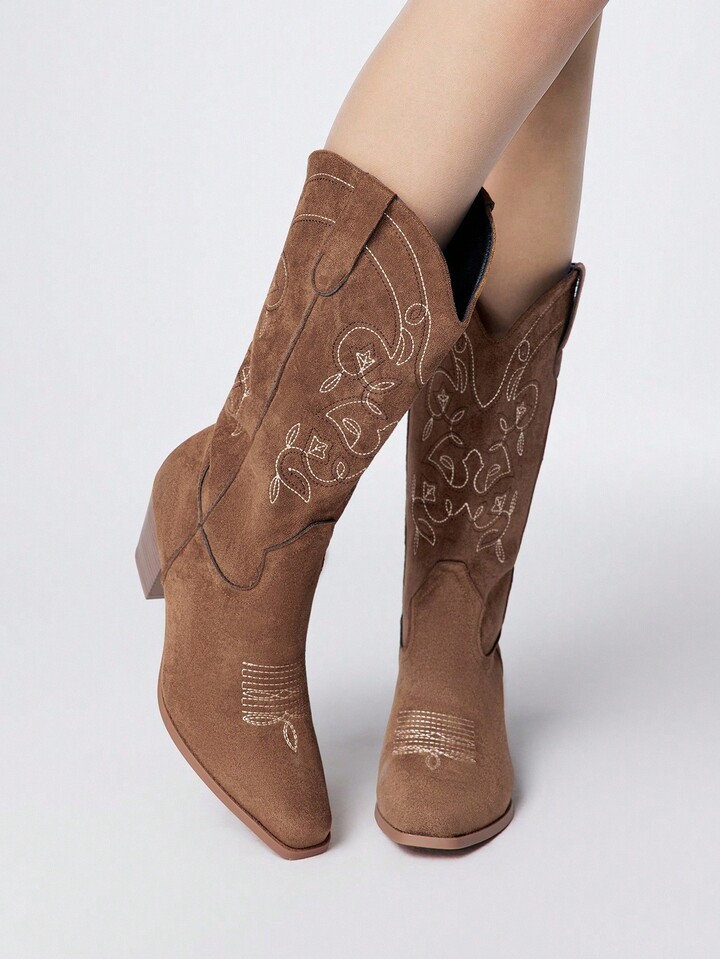 Fairycore Women's Brown Cowboy Boots, Khaki Outdoor Casual Fashion Embroidered Faux Suede Western Boots, Mid-Calf, Spring/Autumn For Christmas