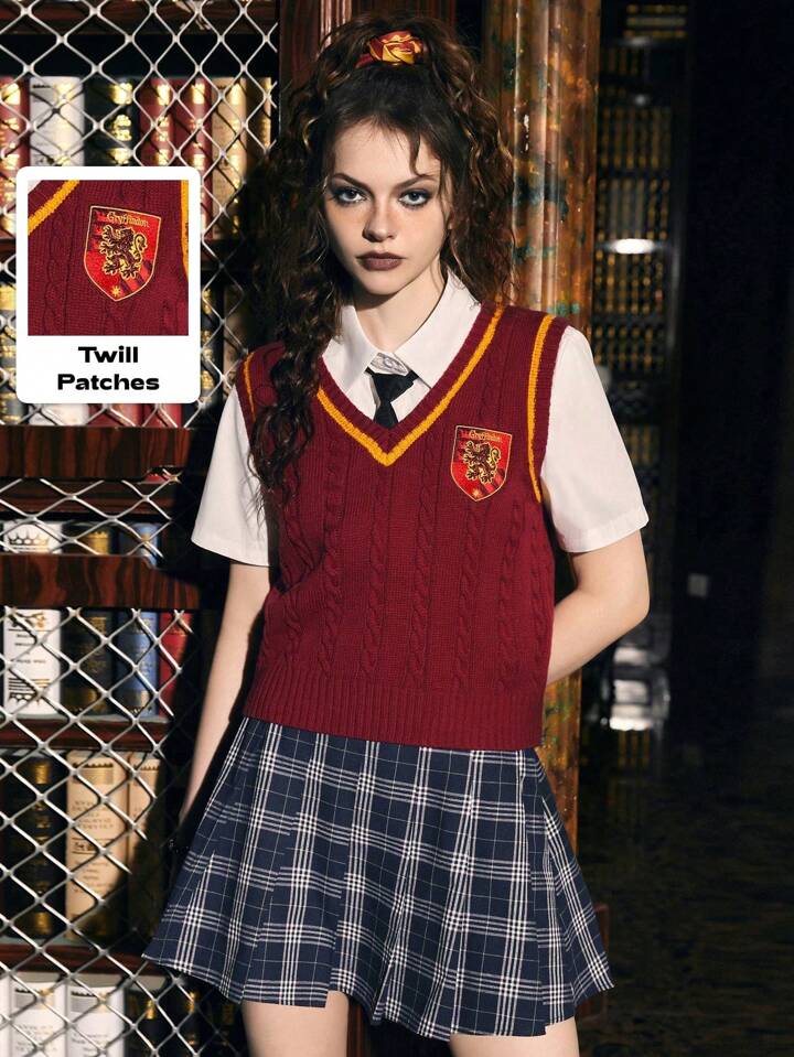 Harry Potter | ROMWE Cartoon Pattern Striped Trim Sweater Vest Without Blouse, School