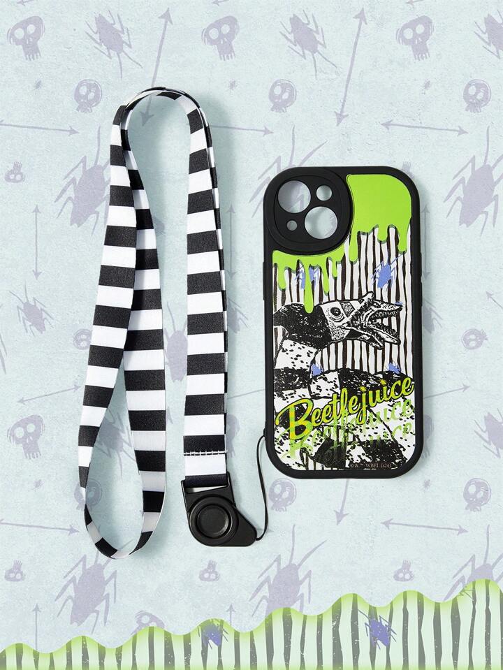Beetlejuice | ROMWE 1pc Black Halloween Beetlejuice Design Lanyard Protective Phone Case Compatible With Apple IPhone 11 12 13 14 15 Pro Max