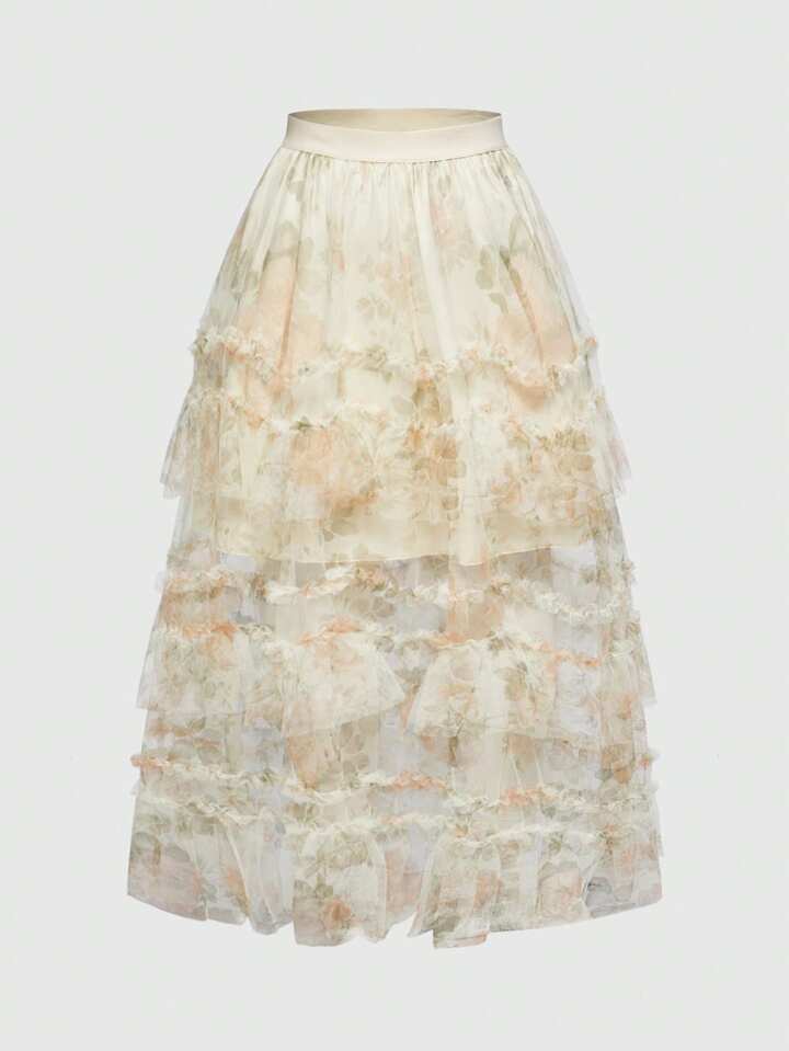 Vintage Elegant Organza Flower Print Women Skirt With Ruffle Hem
