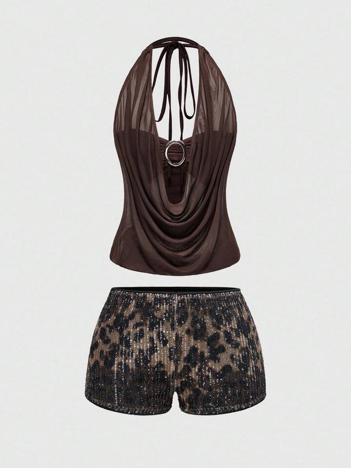 Hippie Women's Y2K Sexy Christmas Party Deep V Vintage Plunging Neckline Backless Streetwear Strapless Tank Top With Leopard Print Shorts (Includes Bandeau Bra)