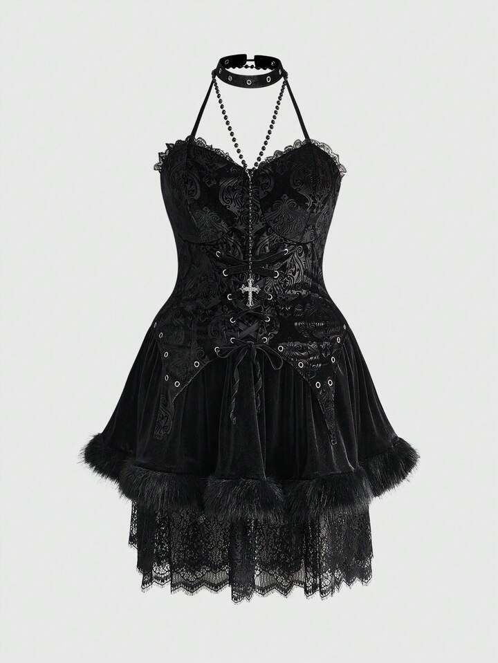 Plus Size Gothic Plush Vintage Dress, Luxurious Plush, Tassel, Fur, Lace Patchwork Flared Hem Dress, Autumn/Winter Gothic Style Plus Size Women Dress, Elegant Luxury Plus Size Black Dress For Party, Banquet, Gathering