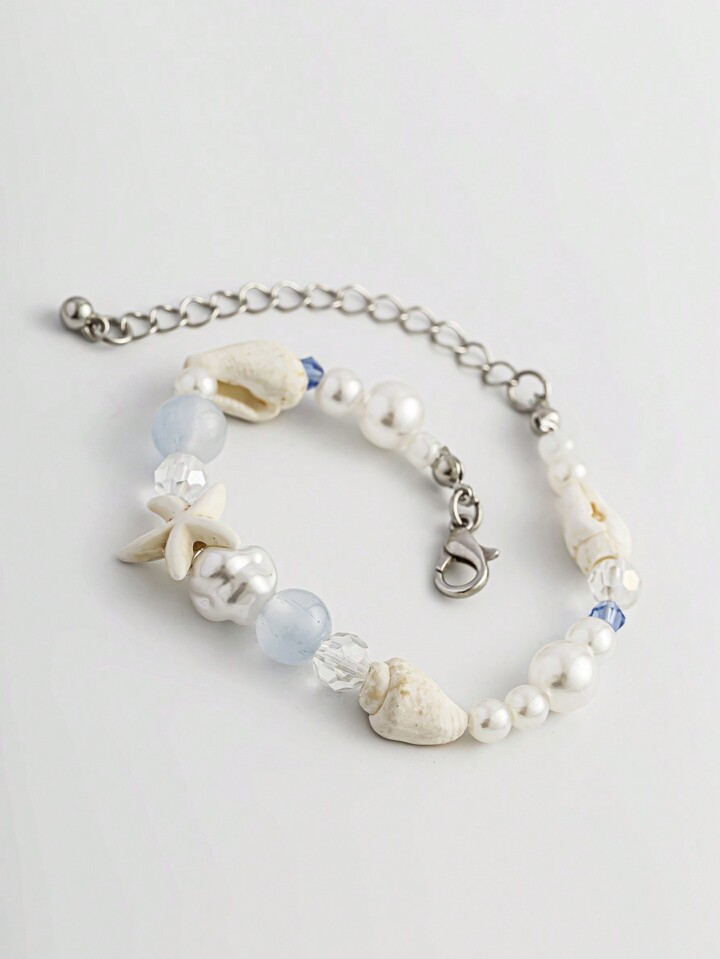 Fairycore 1pc Fashionable Ocean Style Simple Beaded Bracelet With Shells/Starfish/Crystals/Pearls/Beads