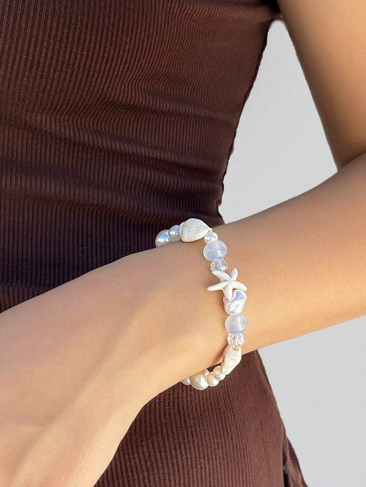 Fairycore 1pc Fashionable Ocean Style Simple Beaded Bracelet With Shells/Starfish/Crystals/Pearls/Beads