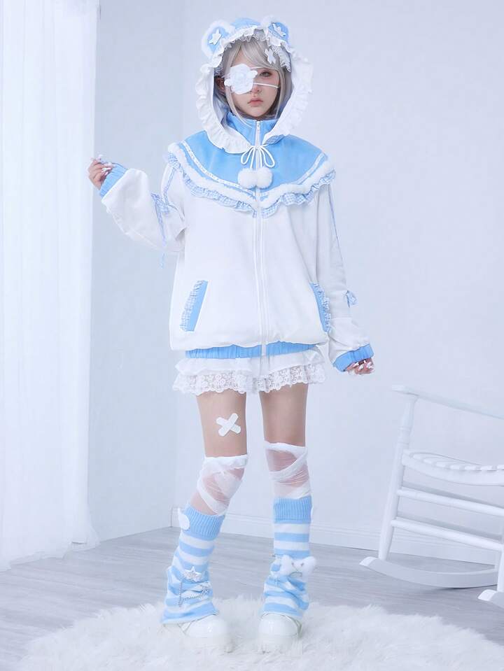 EDITION Women's Cute Colorblock Lace Trim Bear Ear 2D Sweatshirt