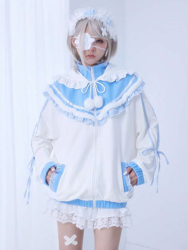EDITION Women's Cute Colorblock Lace Trim Bear Ear 2D Sweatshirt