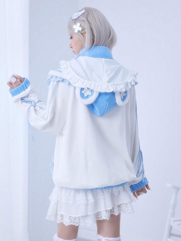 EDITION Women's Cute Colorblock Lace Trim Bear Ear 2D Sweatshirt