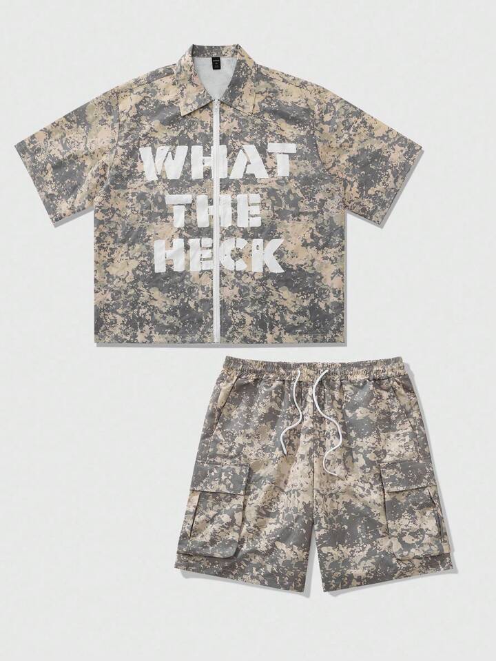 Street Life 2pcs Camo  Men's Cargo Style Large Pockets  Zip-Up Shirt With Letter Print Set