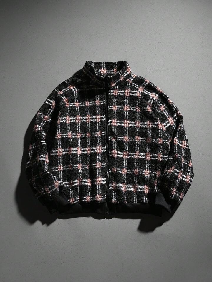 Casual Men's Autumn/Winter Street Fashion Plaid Fleece Long Sleeve Overcoat With Zipper
