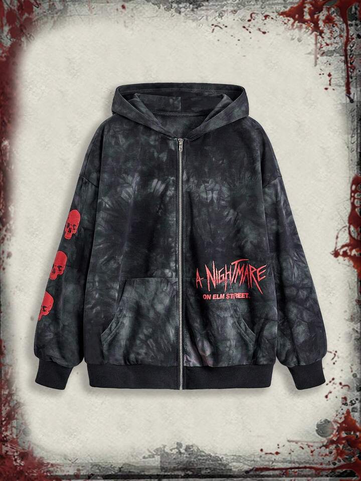 A Nightmare on Elm Street X ROMWE Women's Casual Tie-Dye Letter & Skull Print Zip-Up Sweatshirt, Autumn