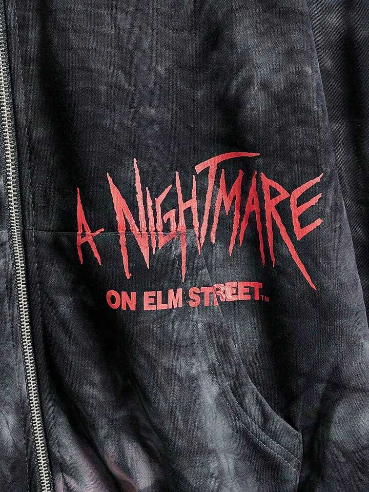 A Nightmare on Elm Street X ROMWE Women's Casual Tie-Dye Letter & Skull Print Zip-Up Sweatshirt, Autumn