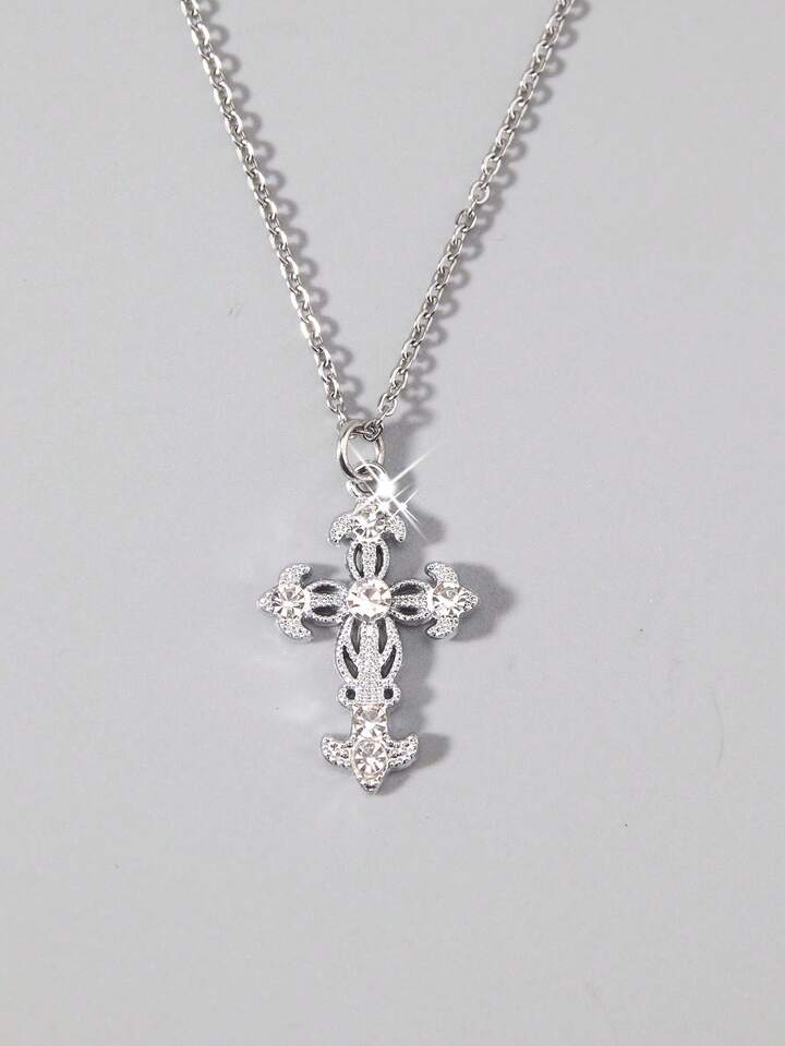 1pc Gothic Luxury Cross Pendant Necklace With Rhinestones, Holiday Party Gift, Halloween