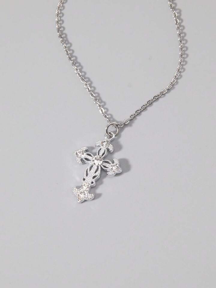 1pc Gothic Luxury Cross Pendant Necklace With Rhinestones, Holiday Party Gift, Halloween