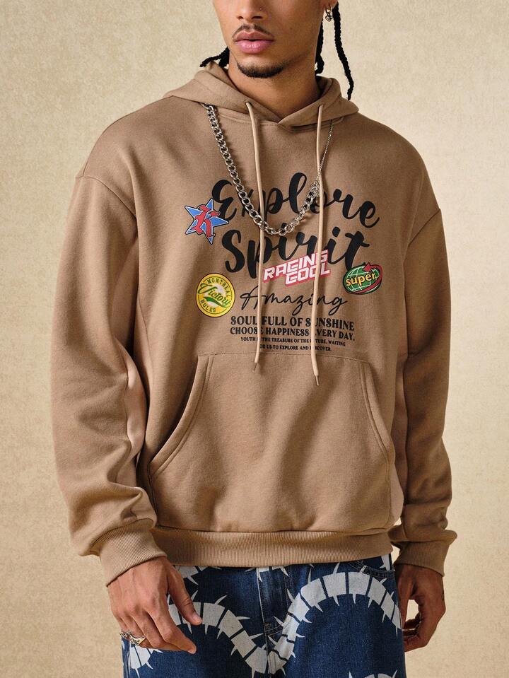 Prep Casual Fashion Versatile Long Sleeve Men's American Vintage Patchwork Hoodie
