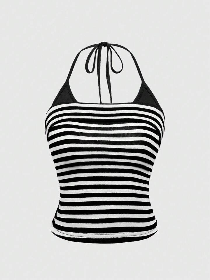 Grunge Punk Sexy Halter Striped Color Blocking Cropped Tank Top For Women, Versatile