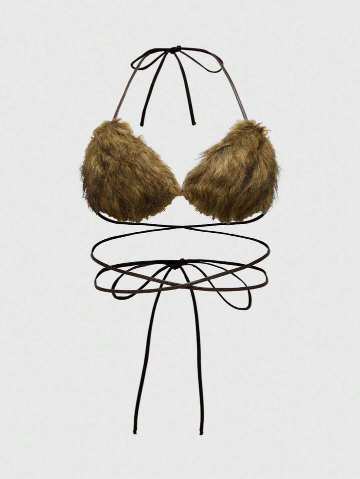 Grunge Punk Plus Size Women Y2K Sexy Faux Fur Crop Top, Autumn/Winter