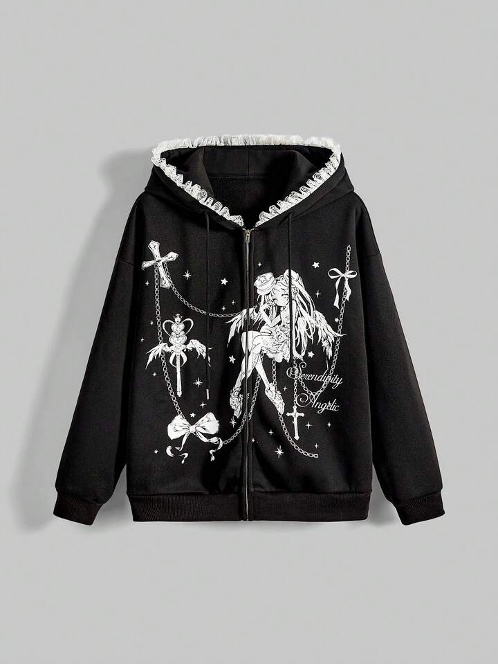 Kawaii Anime Dark Cross & Bow Contrast Lace Loose Fit Sweatshirt