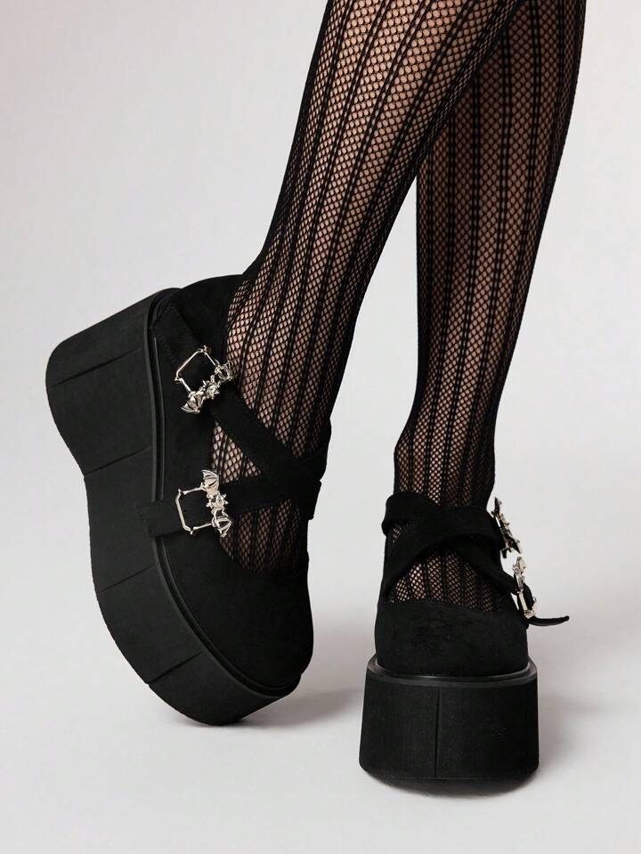Grunge Punk Women's Thick Sole Platform Round Toe Double Strap Metal Buckle Casual Shoes, Punk Gothic Style Low-Cut Party & Work Shoes, Halloween