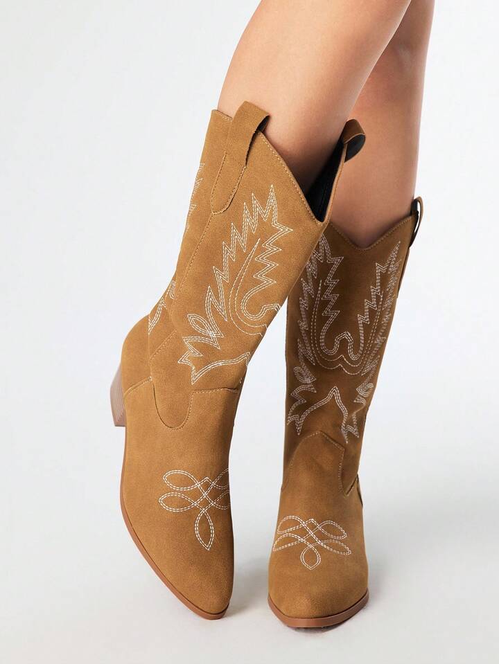 Fairycore Women's Hollow Design Butterfly Wing Embroidered Western Boots, New Leather Over-The-Knee Boots For Spring And Autumn