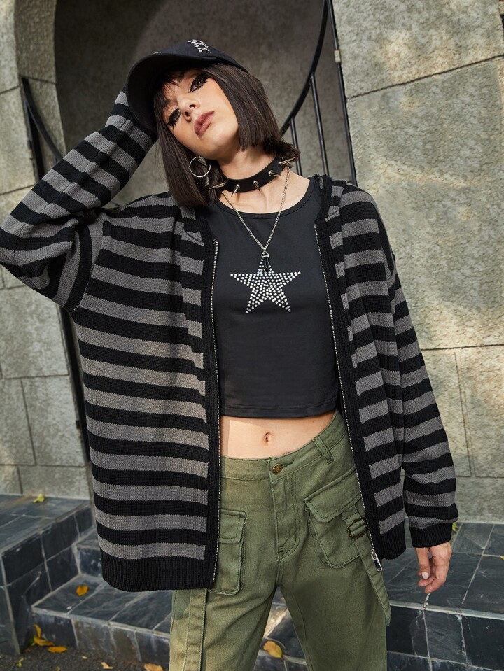 Grunge Punk Striped Zip Up Cardigan