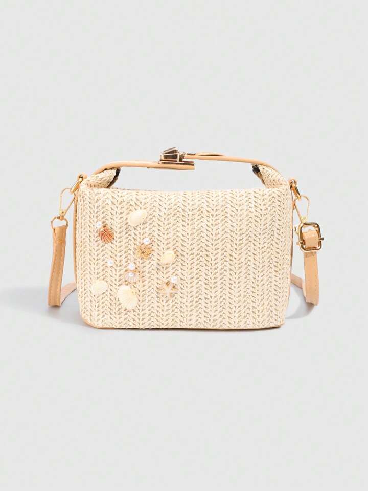 Fairycore 1pc Vacation-Themed Starfish & Shell Decor Straw Handbag & Crossbody Bag, Suitable For Daily Travel