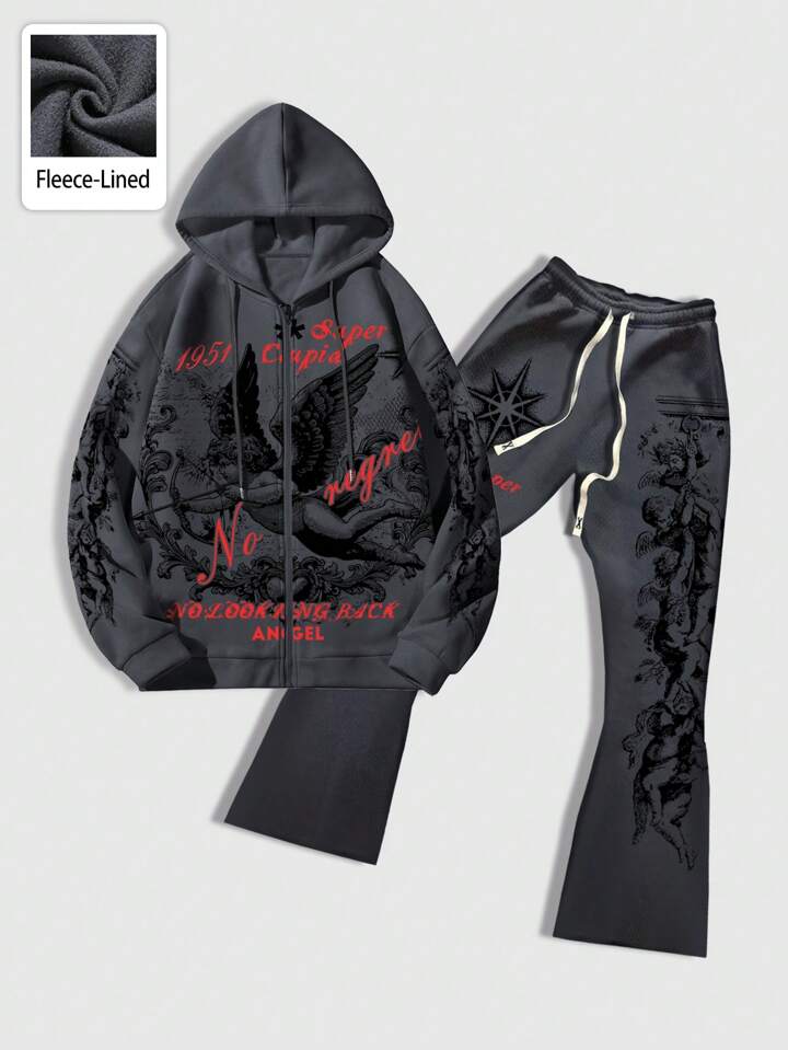 Street Life 2pcs Men's Street Print Thicken Sweatshirt And Sweatpants Tracksuit