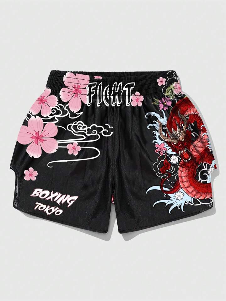 Prep Men Dragon Letter & Floral Print Loose Boxing Shorts
