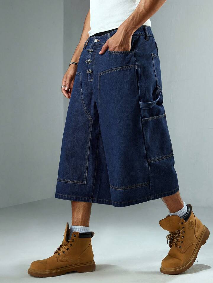 Grunge Punk Men's Casual Washed Wide Leg Capri Jeans
