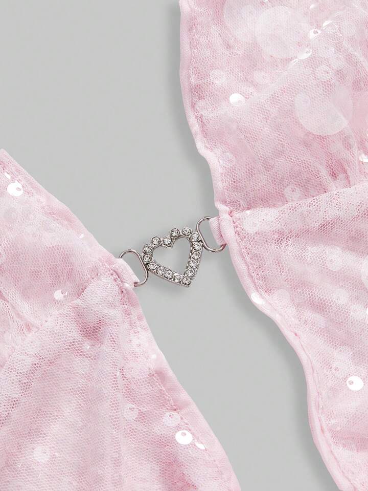 Y2K Retro Glam Vacation Island Sexy Draped Neck Pink Beaded Crop Top For Women, For Valentine's Day