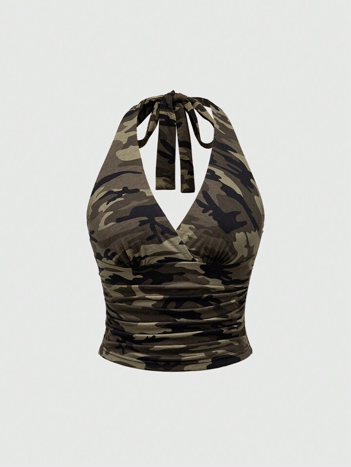 Grunge Punk Y2K Camouflage Print Halter Neck Top For Women, School
