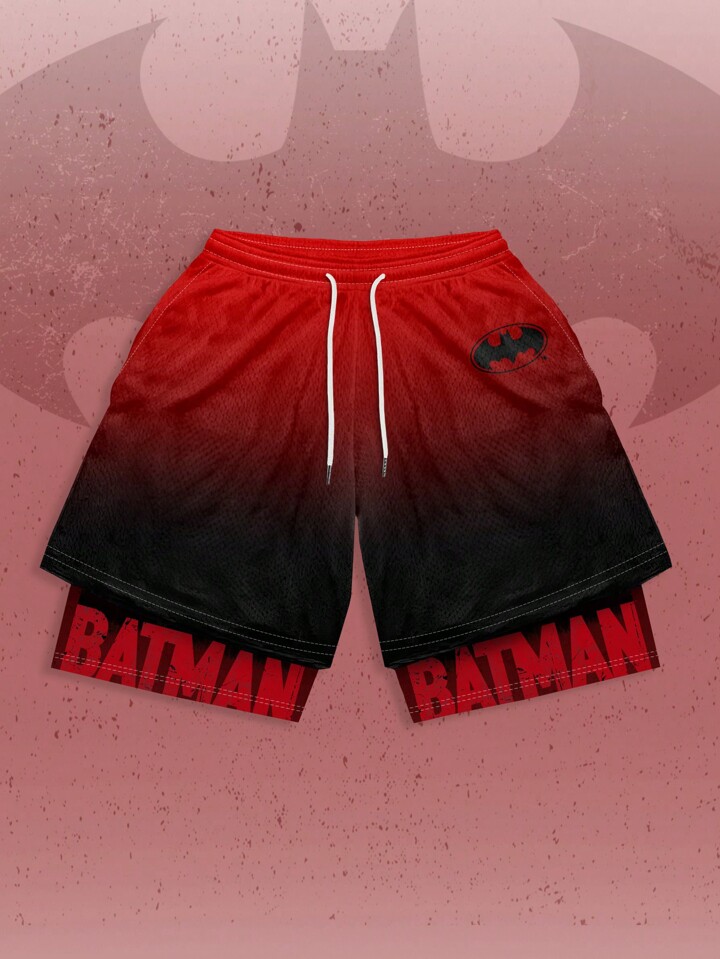 Batman X ROMWE Men's Summer Gradient Letter And Bat Pattern Drawstring Waist Shorts 6 Batman X ROMWE Men's Summer Gradient Letter And Bat Pattern Drawstring Waist Shorts