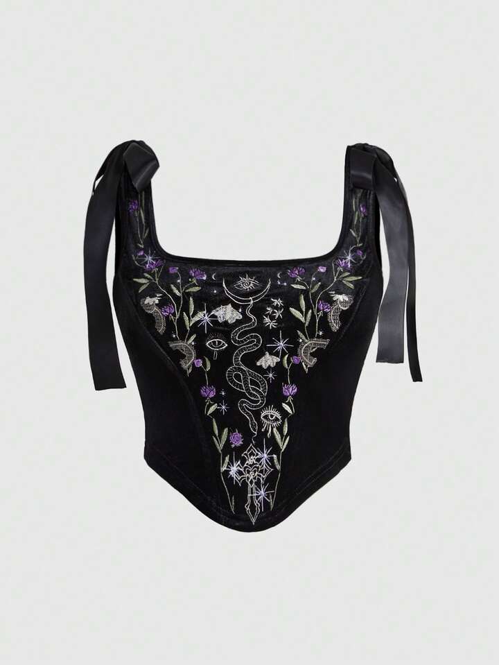 Gothic Snake & Plant Embroidered Velvet Bodysuit