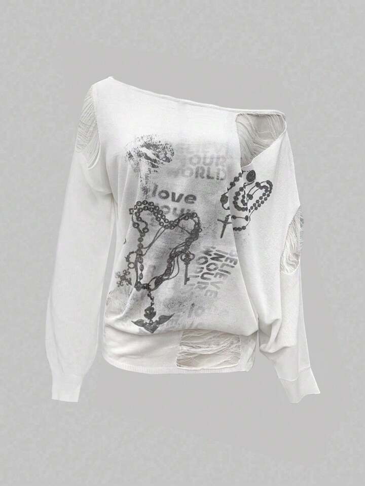 Grunge Punk Romantic Punk Letter Print Distressed Asymmetric Batwing Sleeve Loose Knit Sweater For Women