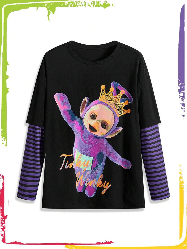 Teletubbies X ROMWE Plus Size Cartoon Pattern 2 In 1 Contrast Striped Long Sleeve T-Shirt